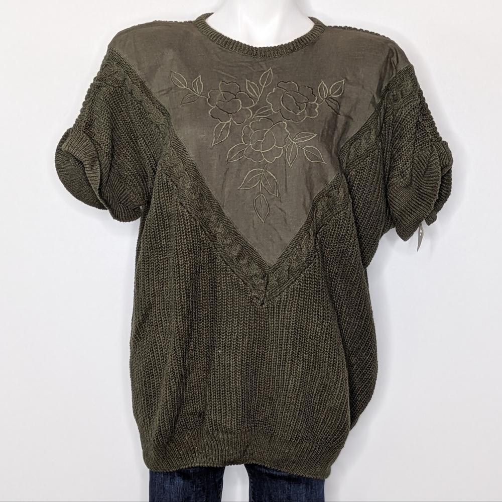 Vintage Green Knit Floral Embroidered Short Sleeve Sweater 18/20